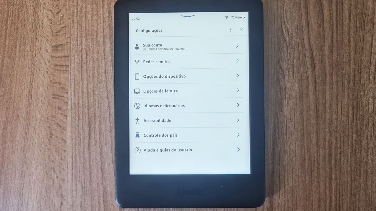 Tela de configurações do Kindle 10ª Geração
