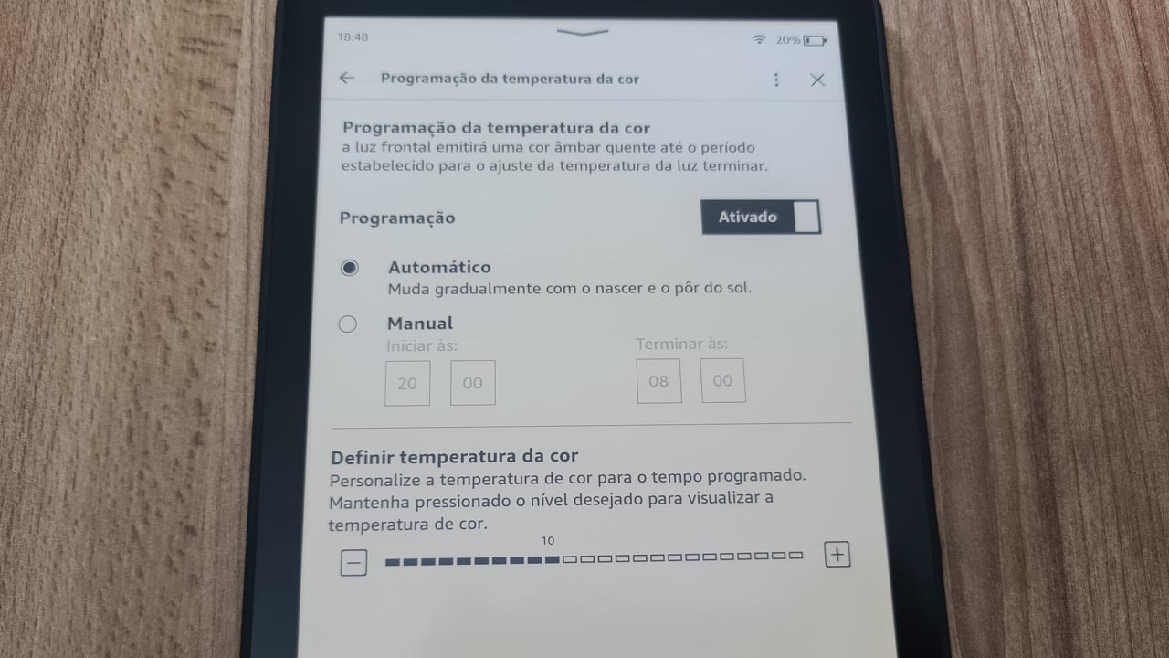 Tela da programação da temperatura da cor